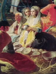 Damen kaufen Töpferwaren an einem Stand in Madrid, 1779 (Detail)
